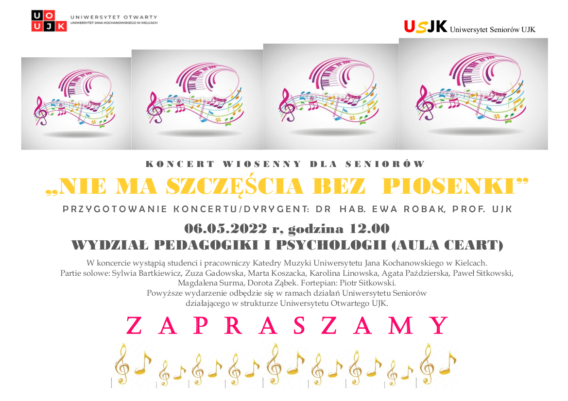 Zaproszenie na koncert wiosenny dla seniorów "Nie ma szczęścia bez piosenki"