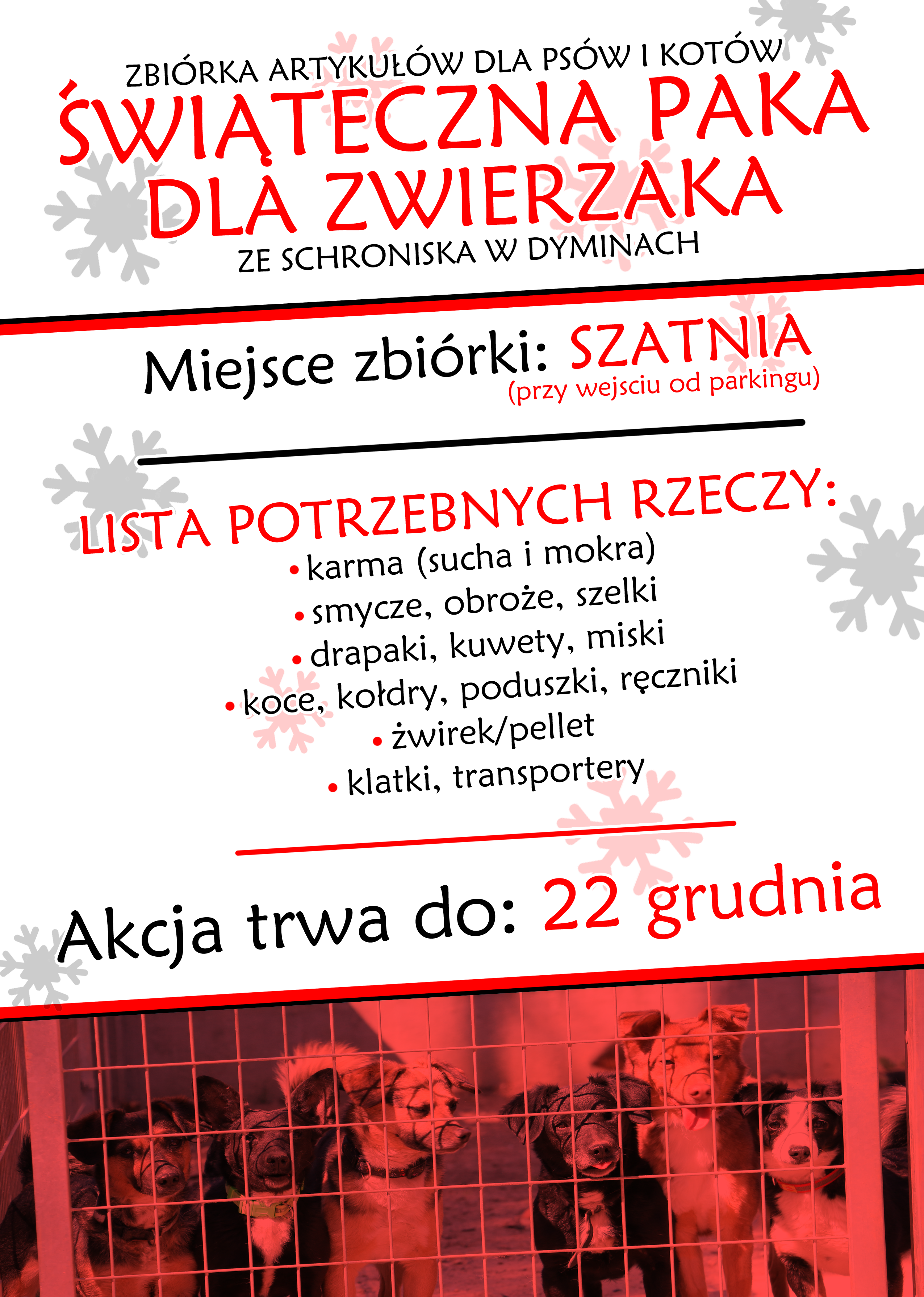 Plakat: Zbiórka artykułów dla psów i kotów ze schroniska w Dyminach