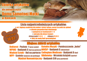 plakat promujący zbiórkę artykułów potrzeby dla podopiecznych kobiet oraz dzieci przebywających w „Domu dla Matek z Małoletnimi Dziećmi i Kobiet w Ciąży” w Kielcach