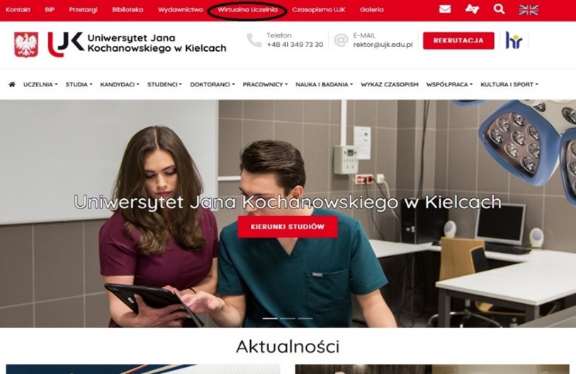 Strona główna uczelni z zaznaczonym miejscem Wirtualnej Uczelni (WU)