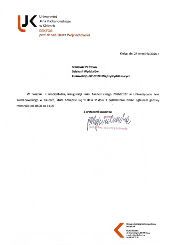 Godziny rektorskie w dniu 1 października 2026r. - godziny od 10 do 14