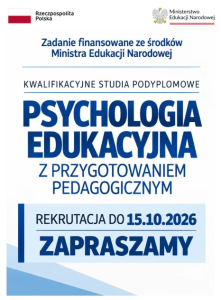 Afisz promujący studia podyplomowe na kierunku Psychologia edukacyjna z przygotowaniem pedagogicznym na WPP UJK.
